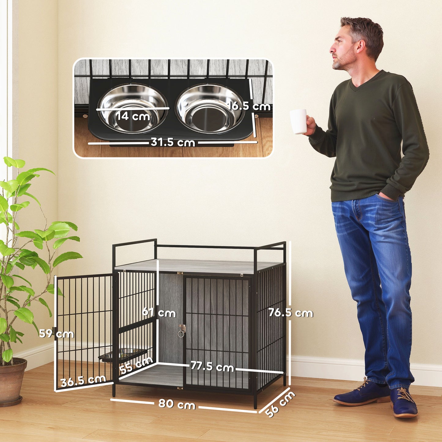 Dog Crate Furniture with Rotating Bowl Holder, 2 Bowls, 2 Doors, for Medium Dogs, 80 x 56 x 76.5 cm, Grey