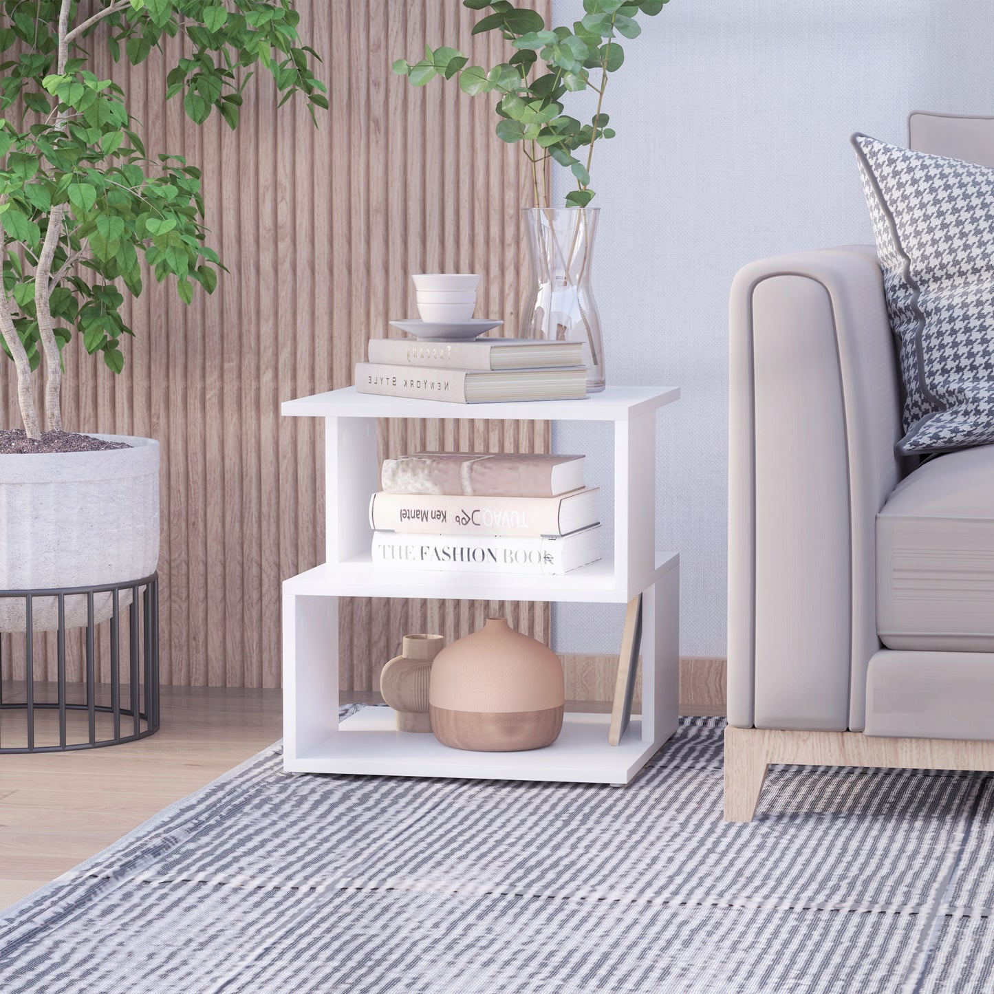 Side Table, Square Coffee Table, Modern End Table with 2 Tier Storage Shelves for Living Room, Bedroom, White