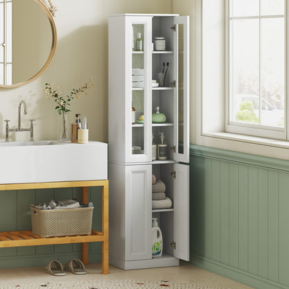 Tall Bathroom Storage Cabinet, 6-Tier Slim Bathroom Cabinet with Adjustable Shelf, 4 Soft-Close Doors, White