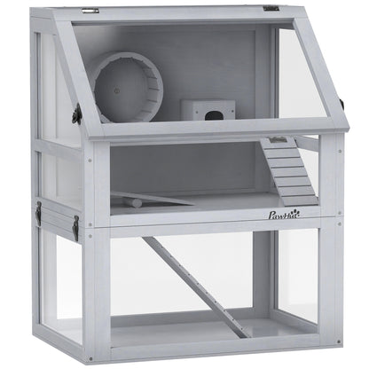 Wooden Hamster Cage with Detachable 32cm Deep Bottom, Hut, Seesaw, Exercise Wheel, Ramp, 60 x 40 x 75cm, Light Grey
