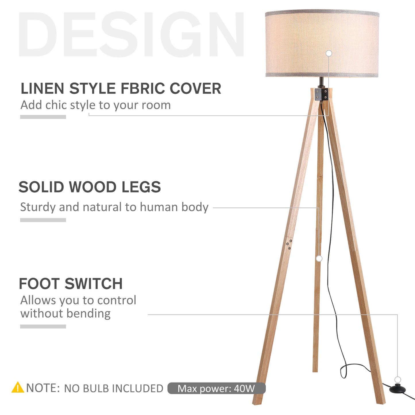 Floor Lamp with Elegant Wood Tripod, Free Standing E27 Bulb Lamp Versatile Use For Home Office - Beige