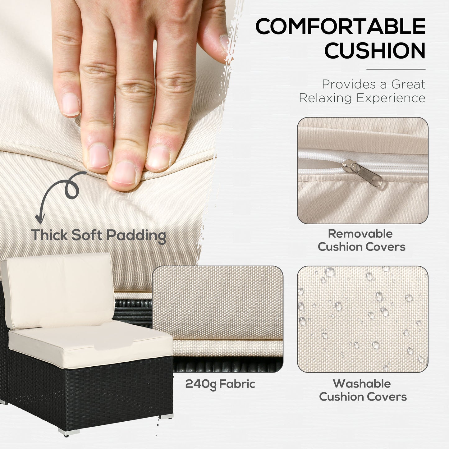 8 Pieces PE Rattan Corner Sofa Set, Patio Wicker Sofa Seater with Cushion, Washable Cushion Cover & Tempered Glass Table