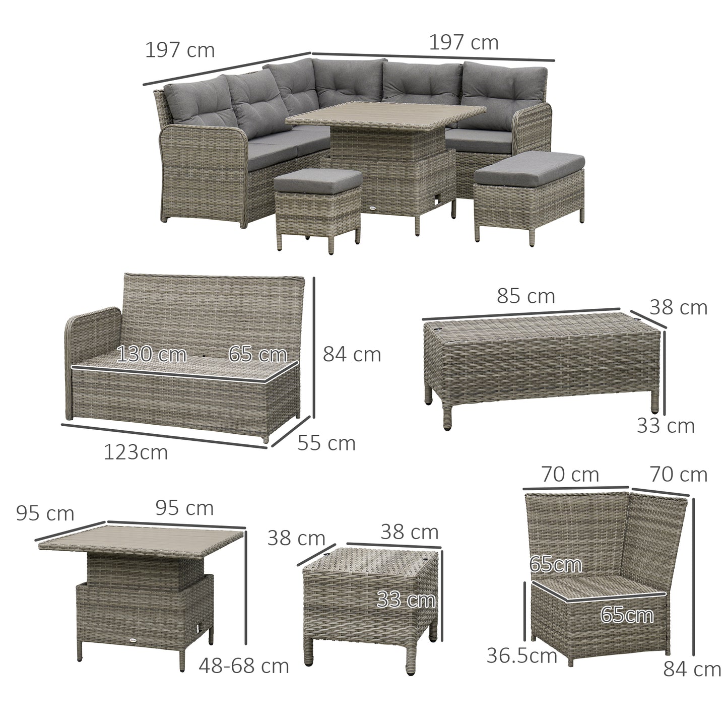 7 Seater Rattan Garden Furniture Set, 6 Piece Patio Dining Set with Liftable Coffee Table and Soft Padded Cushion