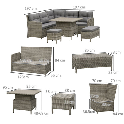 7 Seater Rattan Garden Furniture Set, 6 Piece Patio Dining Set with Liftable Coffee Table and Soft Padded Cushion
