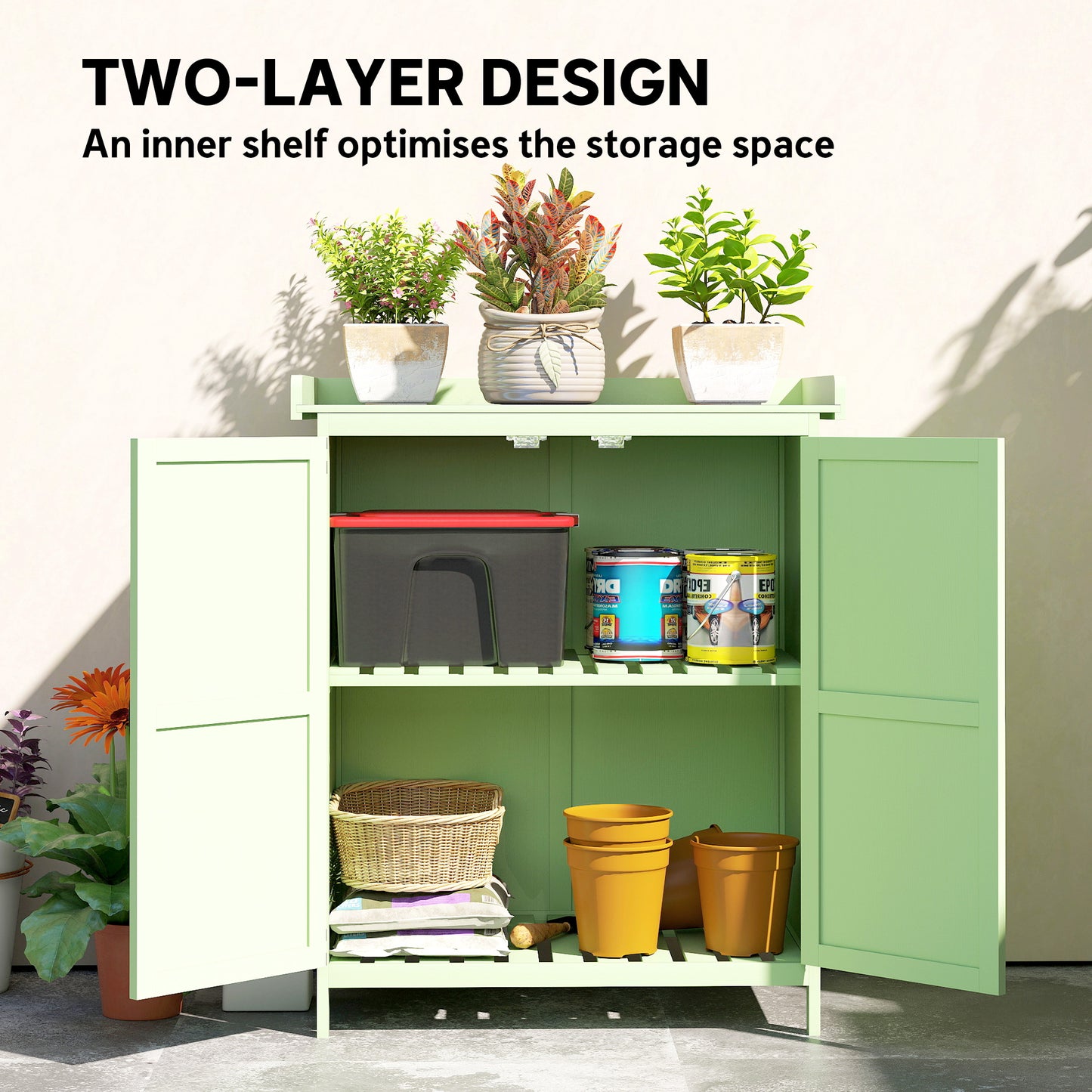 Wooden Garden Shed, Garden Tool Storage Shed with Hinged Roof and Shelf, Outdoor Storage Cabinet with Double Doors