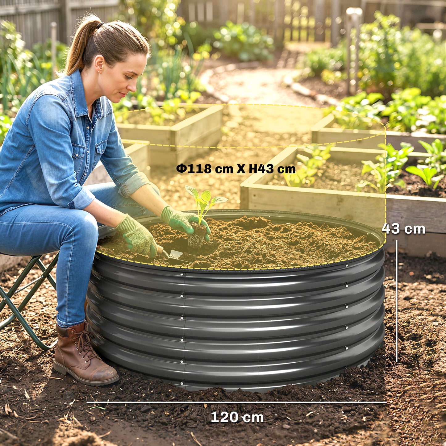 Galvanised Raised Garden Bed with Safety Edging, Outdoor Raised Planter Box with Gloves, 120 x 120 x 43cm, Dark Grey