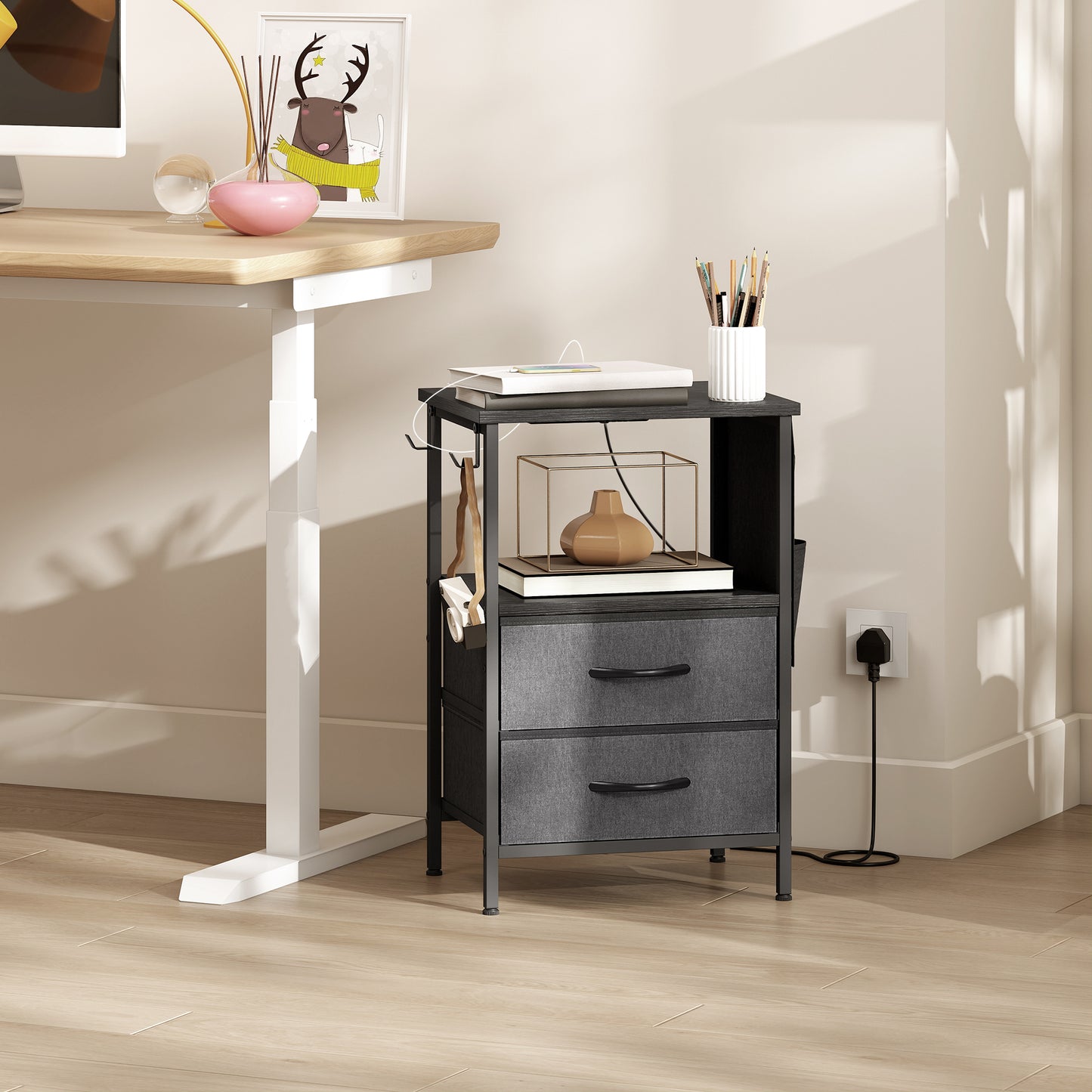 Bedside Table with Charging Station - Black