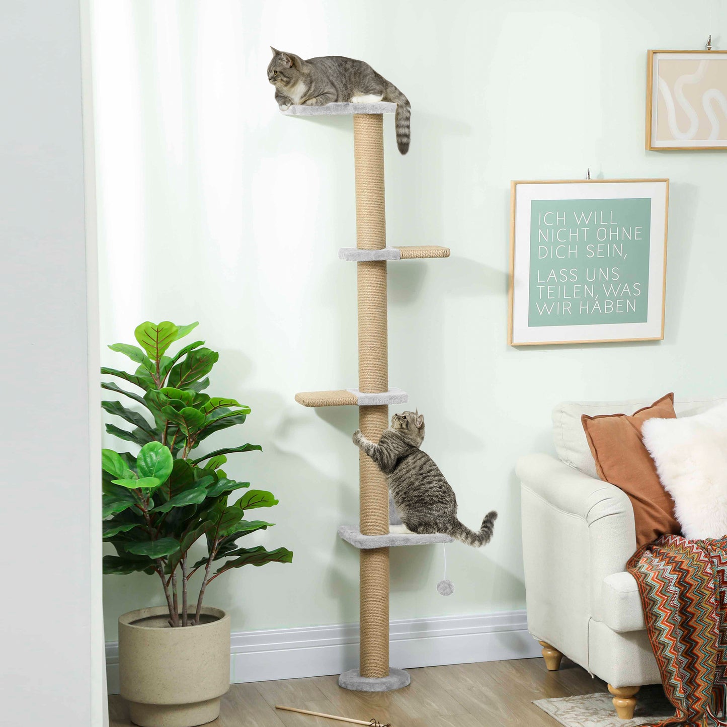 Wall Mounted Cat Shelves, Cat Climbing Wall with 4 Climbing Platforms, Jute Scratching Post and Toy Ball,180cm Tall