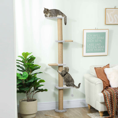 Wall Mounted Cat Shelves, Cat Climbing Wall with 4 Climbing Platforms, Jute Scratching Post and Toy Ball,180cm Tall