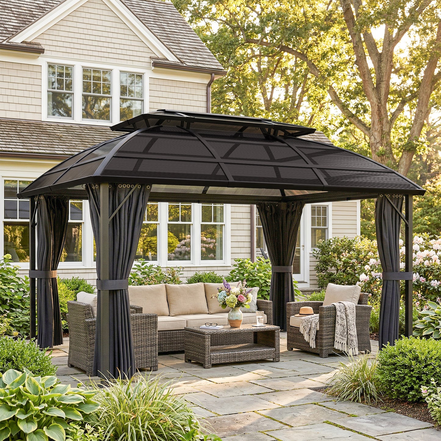 4 x 3m Aluminium Frame Hard Gazebo, with Accessories - Black