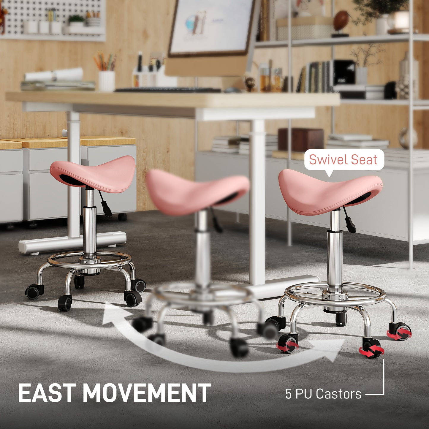 Salon Saddle Stool, Rolling Saddle Chair for Massage, Spa, Clinic, Beauty, Hairdressing and Tattoo, Pink