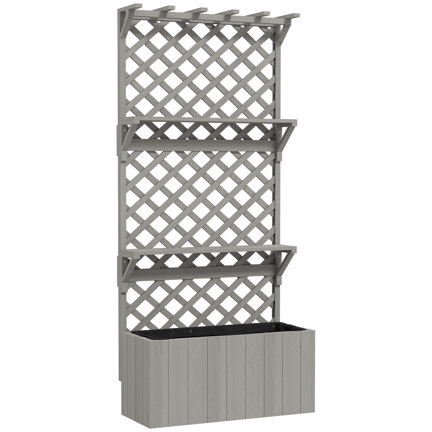 52L Wooden Planter, with Trellis and Shelves - Grey