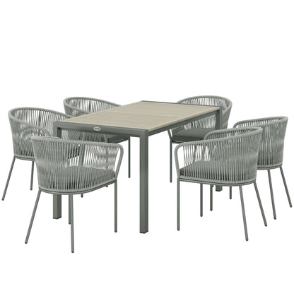 Rattan Dining Set, 6 Seater Rattan Garden Furniture Set with Acacia Wood Top Rectangle Table, 6 Chairs