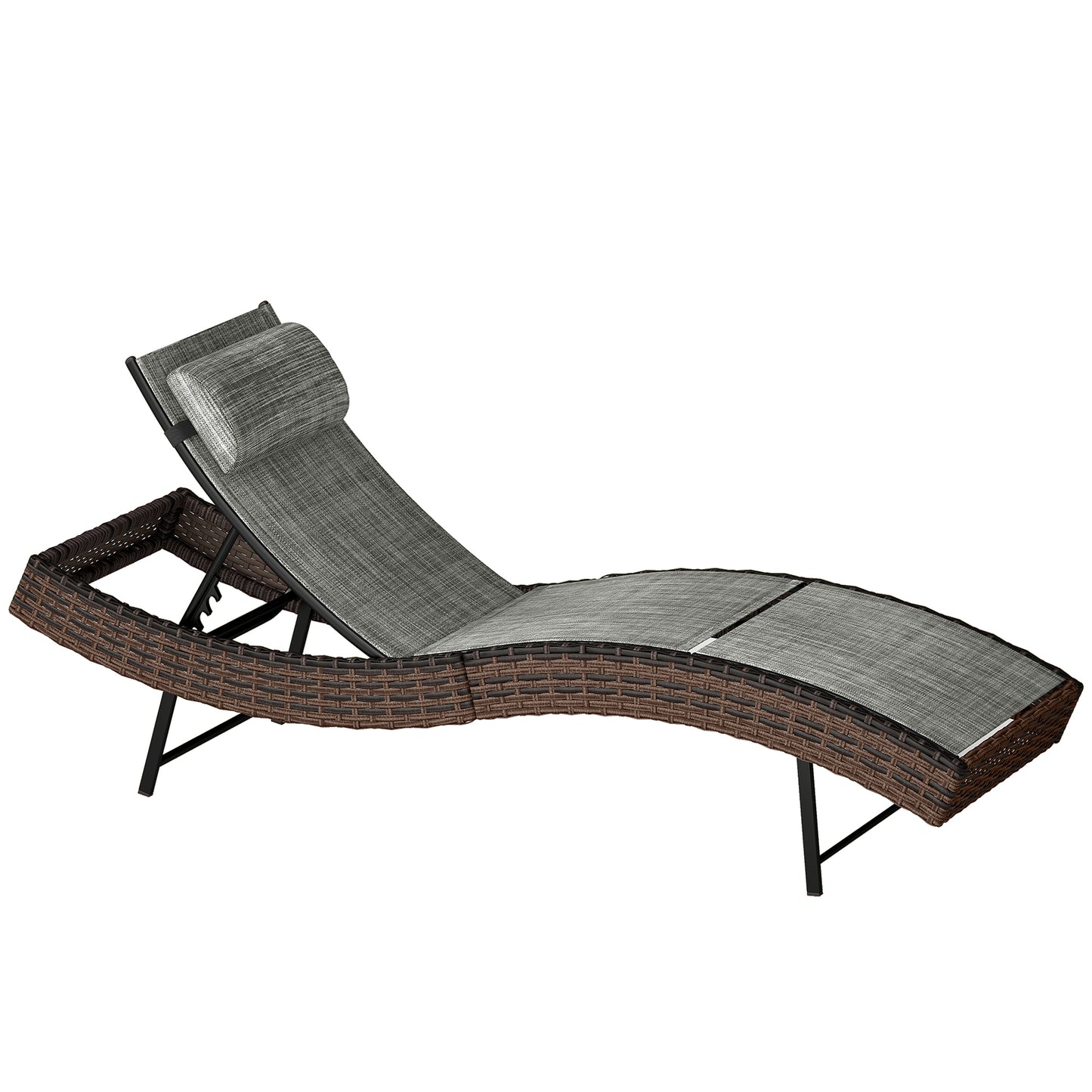 Rattan Sun Lounger, Garden Recliner with 5 Position Adjustable Back, S Shaped Texteline Seat, Headrest, Brown