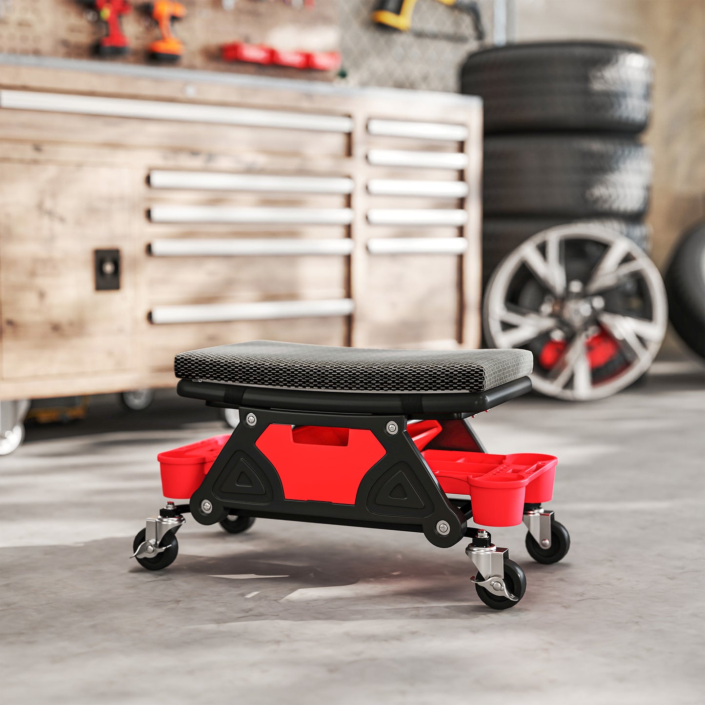 Rolling Mechanic Stool, 135kg Capacity Workshop Stool, 360° Swivel Roller Padded Creeper Seat with Wheels