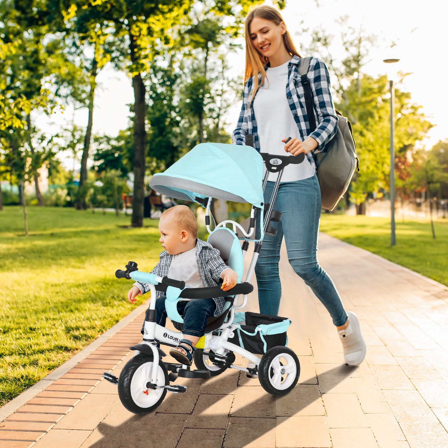 6 in 1 Kids Trike Push Bike w/ Push Handle, Canopy, 5-point Seat Belt, Storage, Footrest, Brake, for 1-5 Years, Green