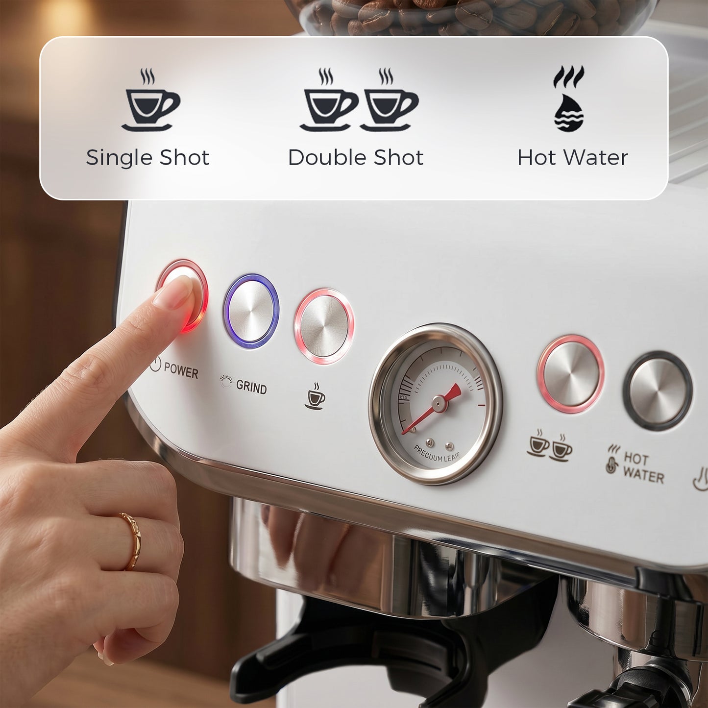 15 Bar Coffee Machine, with Adjustable Grind, Steamer and Accessories - White