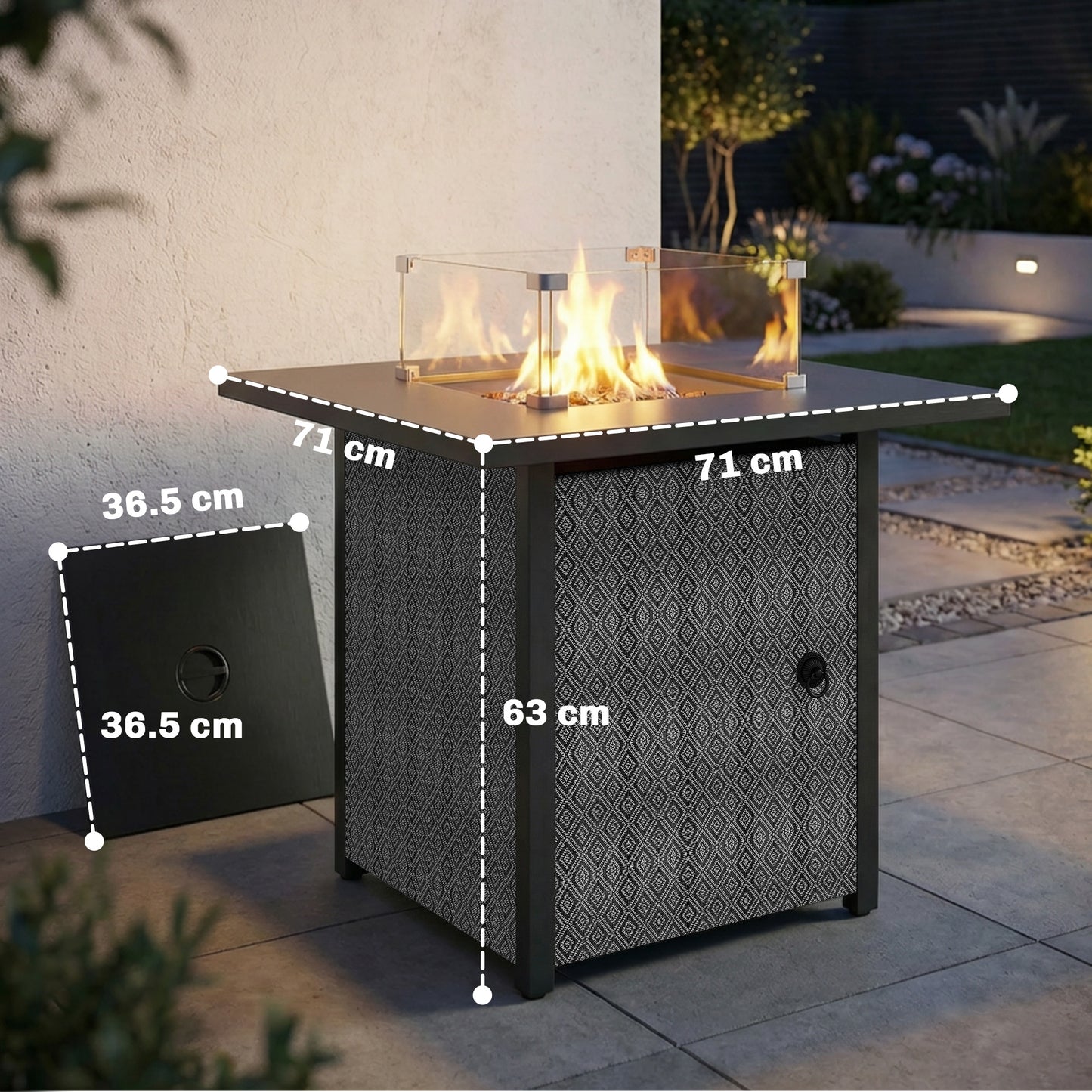 Propane Gas Fire Pit Table for Garden, 11.7 KW Smokeless Firepit Outdoor Heater with Wind Guard, Glass Rocks, Lid, Black