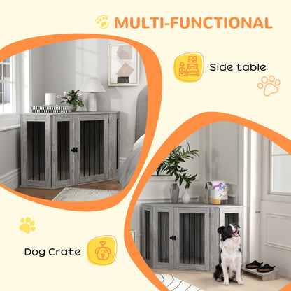 Dog Crate Furniture Side Table, with Cushion, 122 x 61 x 71cm - Grey