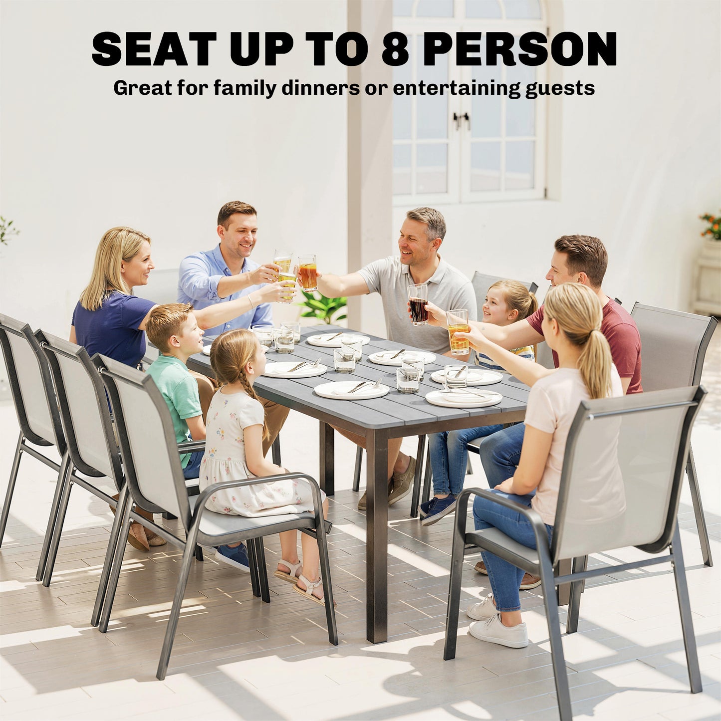 Garden Dining Table for 6-8 Person, 180 x 86 cm Rectangular Outdoor Dining Table with Wood Slatted Top, Grey