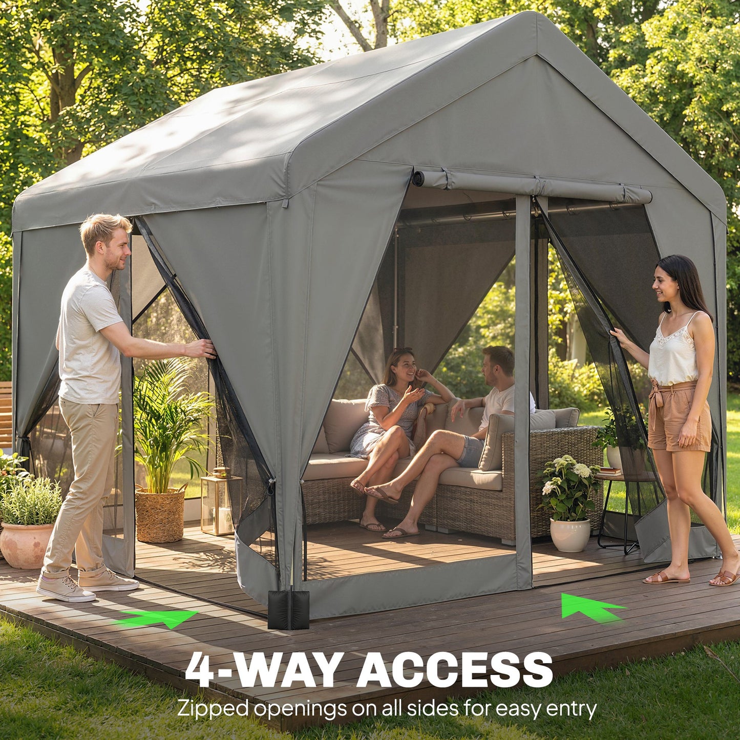 3 x 3 m Patio Gazebo with Netting & Curtains, Outdoor Canopy Shelter with Galvanised Steel Frame, Dark Grey