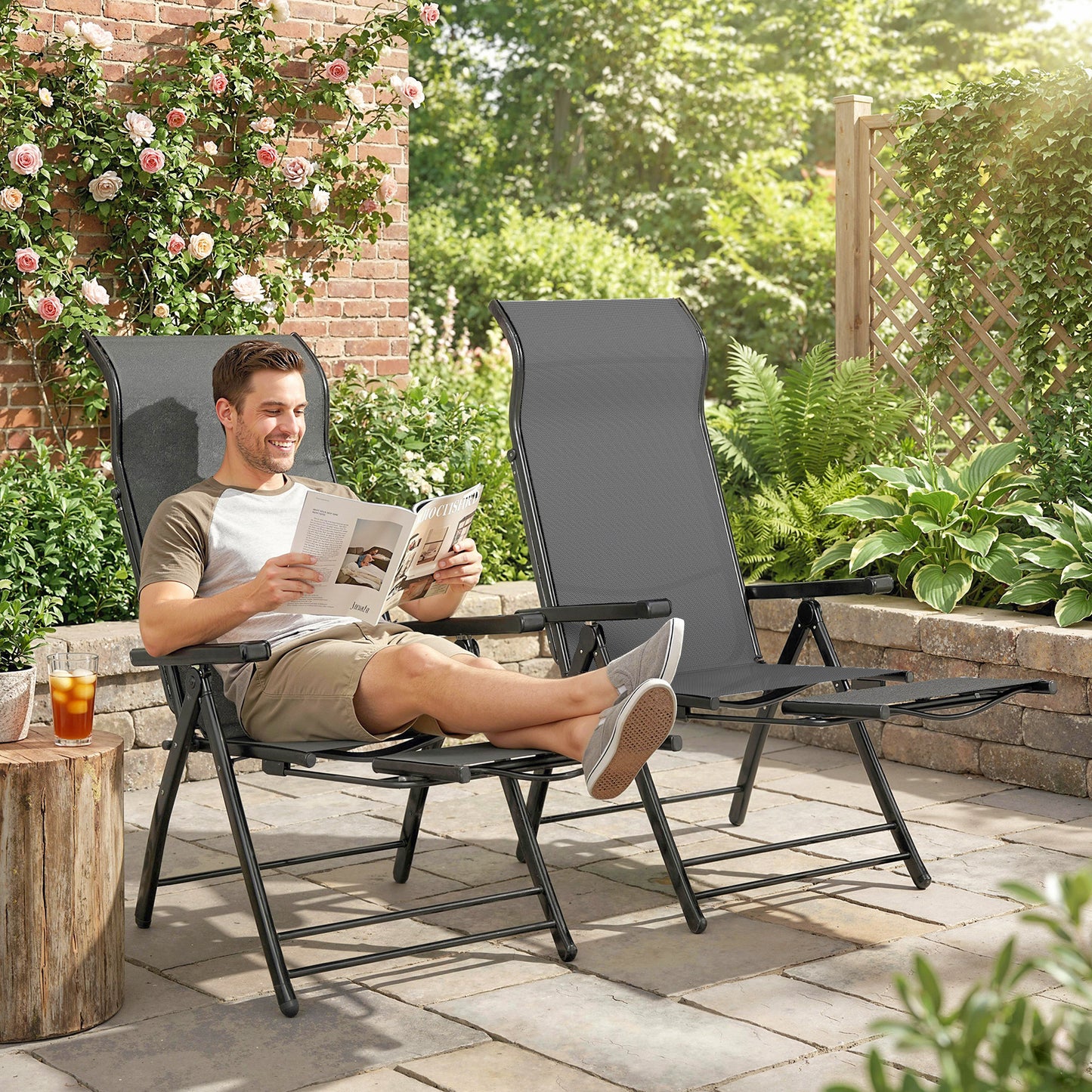 Reclining Garden Chairs Set of 2 with High Back, Retractable Footrest, Dark Grey