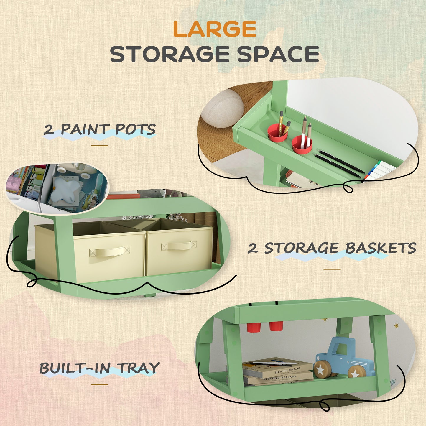 3 in 1 Kids Easel Double-Sided Magnetic Whiteboard and Chalkboard with Paper Roll, Storage Baskets - Green