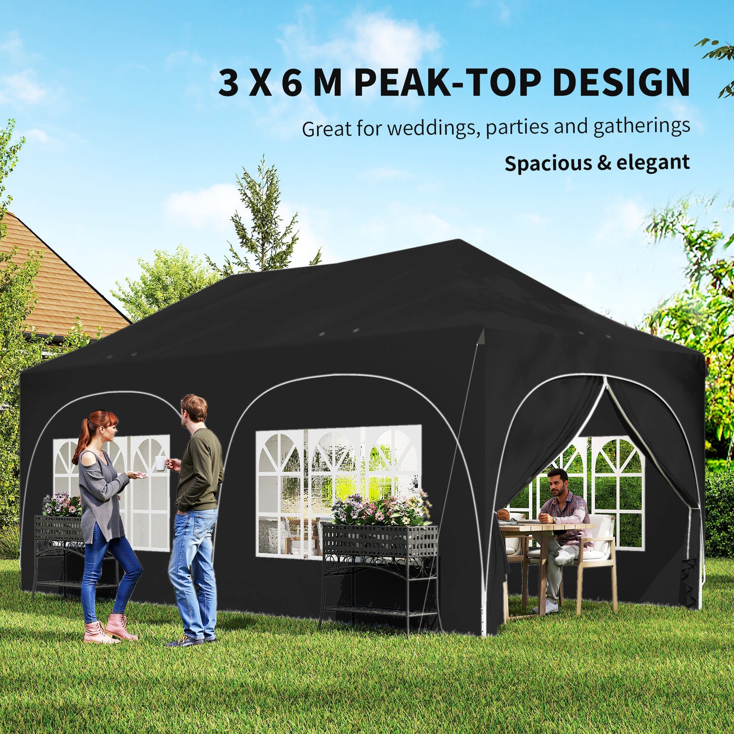 3 x 6m Pop Up Gazebo Shelter with Sides, 6 Sandbags, Peak Top Garden Party Tent Marquee with Carry Bag, Black