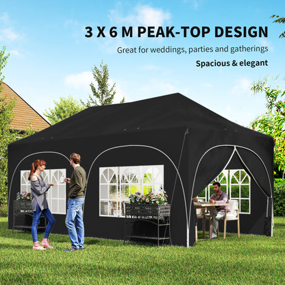 3 x 6m Pop Up Gazebo Shelter with Sides, 6 Sandbags, Peak Top Garden Party Tent Marquee with Carry Bag, Black