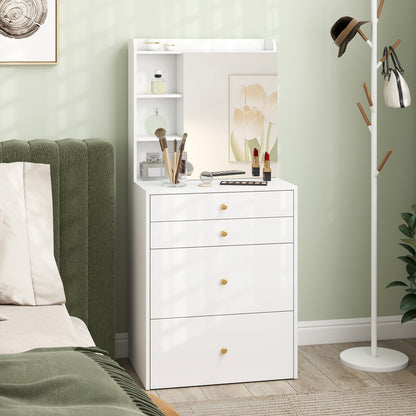 Dressing Table with Mirror and Mobile Storage Stool, Compact Vanity Table with Cabinet, Drawers, Open Shelves, White