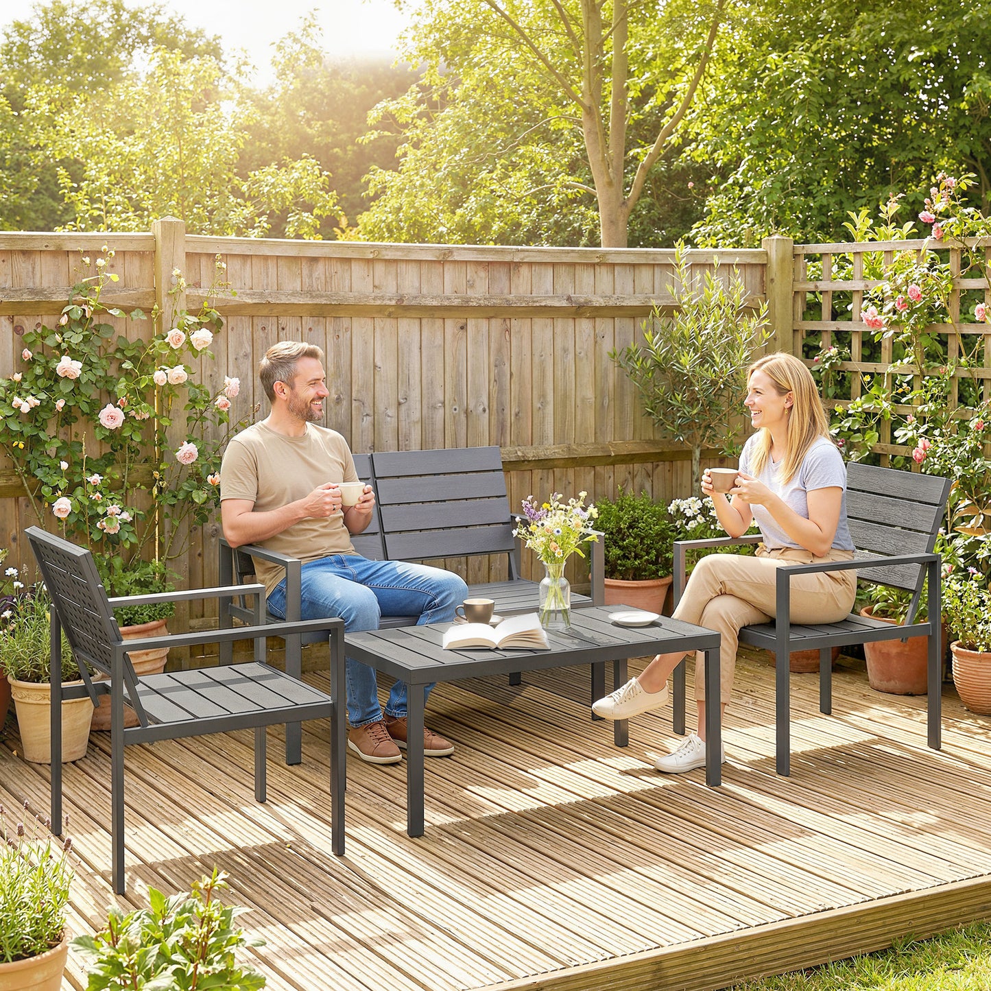 4 Piece Garden Furniture Set, Outdoor Sofa Set with HDPE Slatted Loveseat Armchairs Coffee Table Metal Frame, Dark Grey