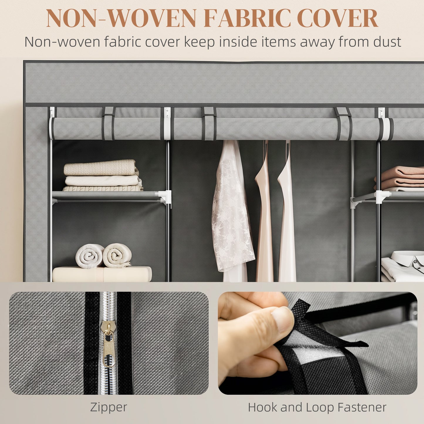 Clothes Storage Organiser with Hanging Rail, Shelves, Portable Wardrobe, Foldable Fabric Wardrobe, Light Grey