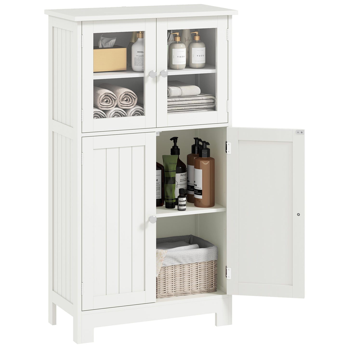 Bathroom Floor Cabinet, Freestanding Kitchen Cupboard with 2 Drawers, Adjustable Shelves and Tempered Glass Door