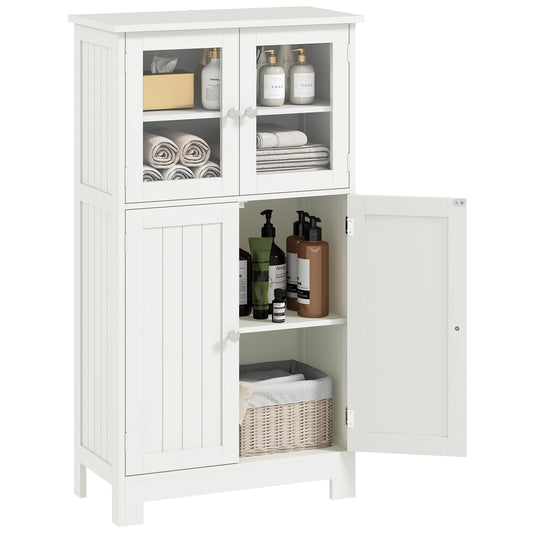 Bathroom Floor Cabinet, Freestanding Kitchen Cupboard with 2 Drawers, Adjustable Shelves and Tempered Glass Door