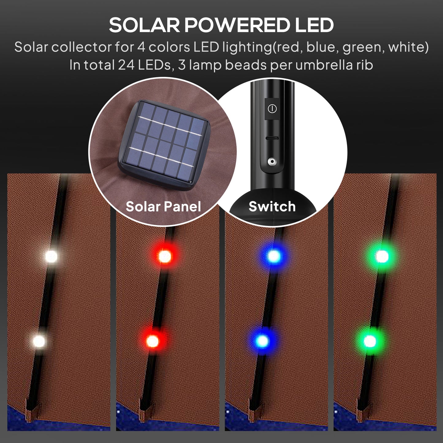 Φ2.7m Garden 24 LED Light Parasol Solar Outdoor Tilt Sun Umbrella Patio Club Party Event Manual Sun Shade w/ Hand Crank and 8