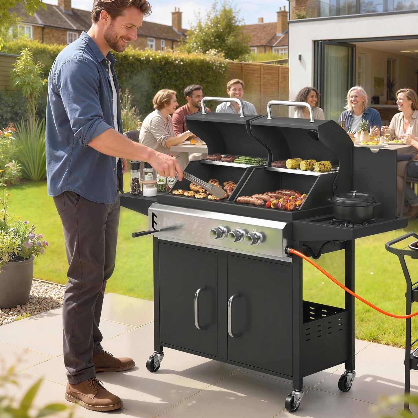 2+1 Burner Hybrid Dual Fuel BBQ Gas Grill, 2-in-1 Propane & Charcoal Barbecue Grill Smoker Combo with Wheels, Black