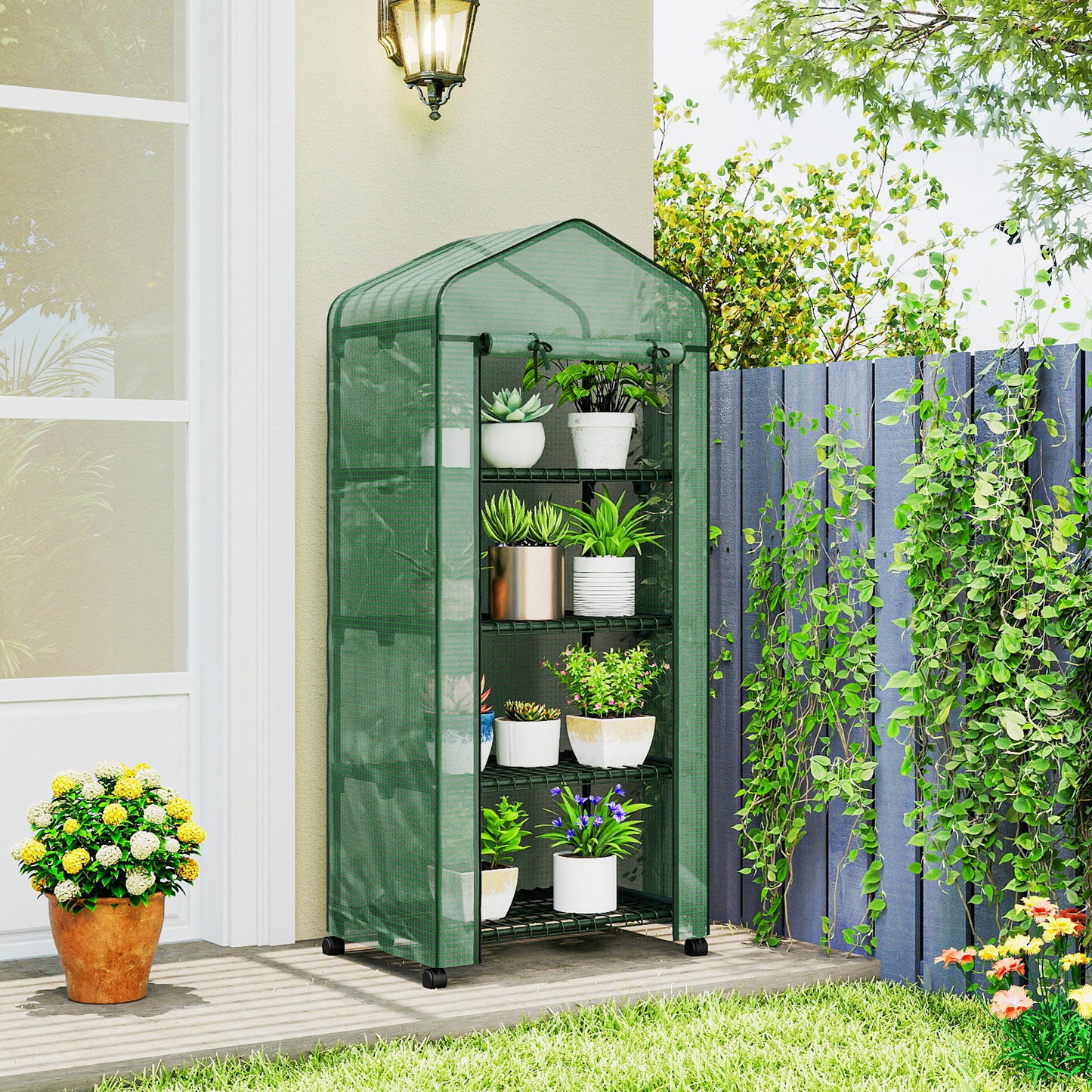 4 Tier Mini Portable Greenhouse Compact Plant Grow Shed Metal Frame PE Cover with Lockable Rolling Wheels , Green