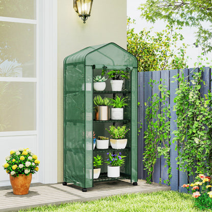 4 Tier Mini Portable Greenhouse Compact Plant Grow Shed Metal Frame PE Cover with Lockable Rolling Wheels , Green