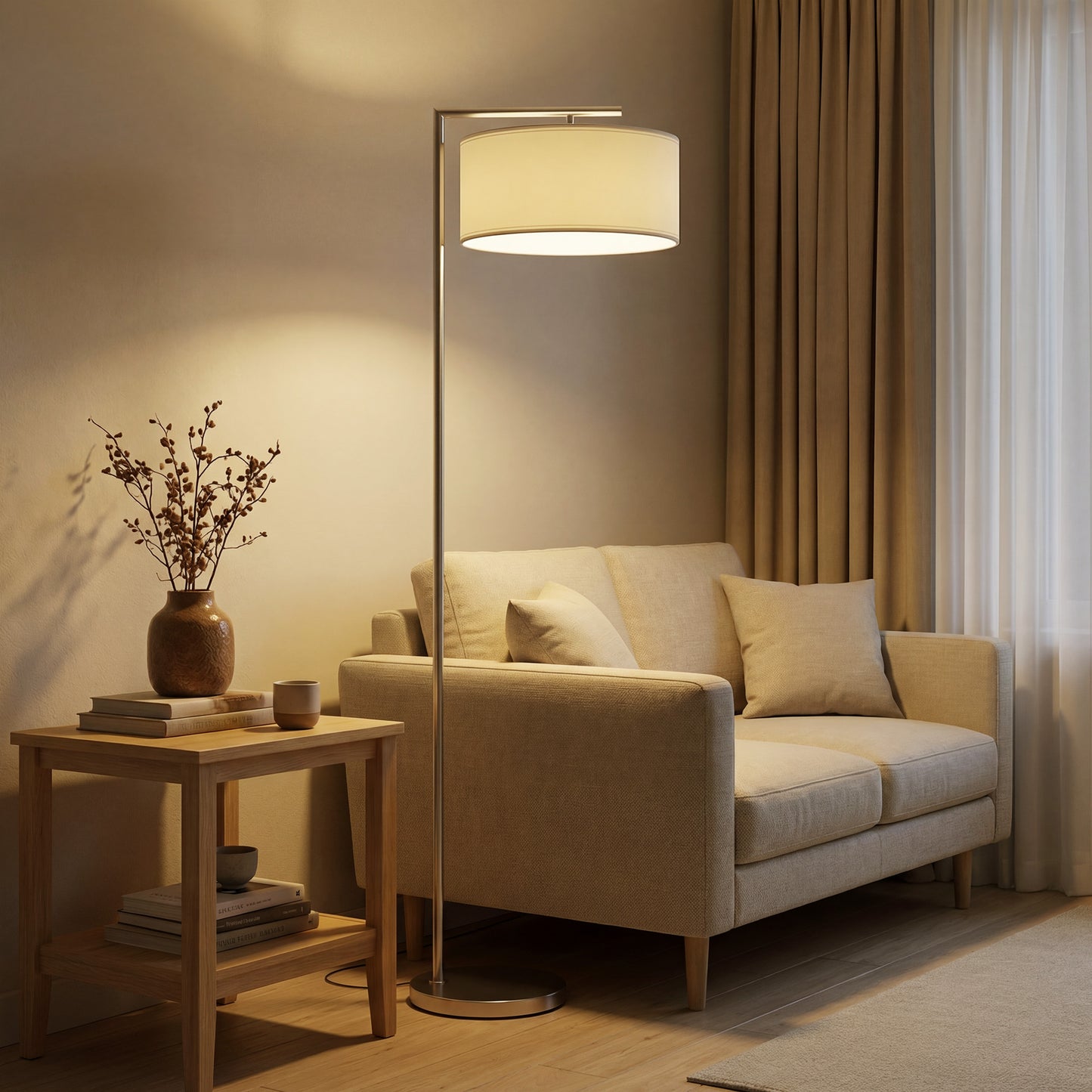 Floor Lamp, Modern Standing Lamp with Linen Lampshade, Round Base for Living Room, Bedroom, Dining Room, 153cm, Silver Tone