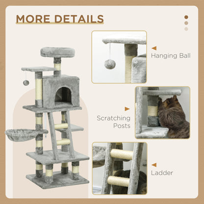 132cm Cat Tree with Scratching Post, House, Hammock, Toy Balls - Grey