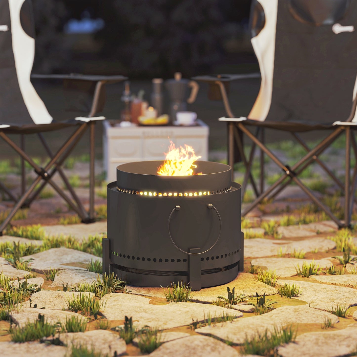 Smokeless Fire Pit with Ash Catcher, 37cm Portable Wood Burning Firepit with Poker for Garden Camping Bonfire Party, Metal