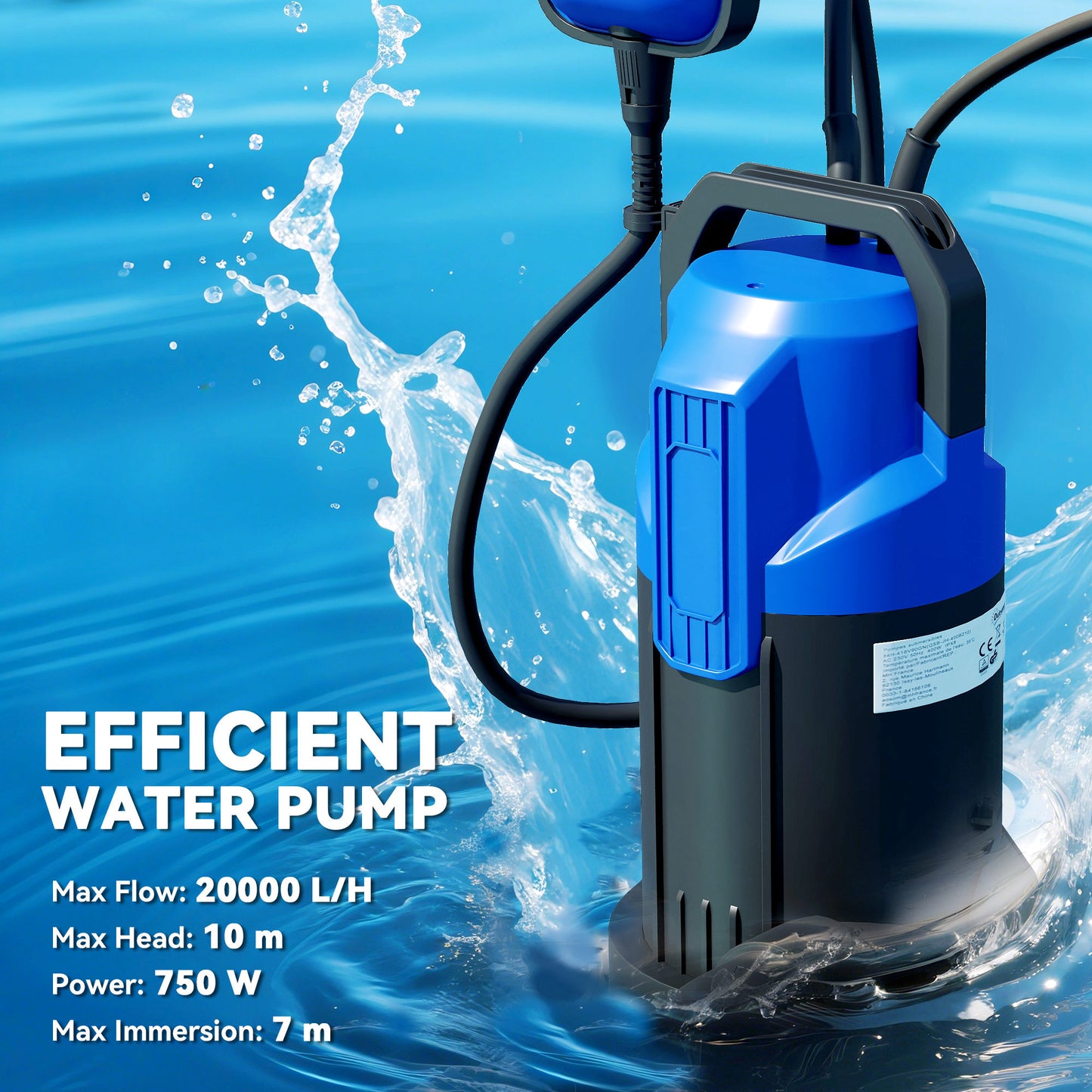 750W Submersible Water Pump for Dirty/Clean Water, 20000L/H Electric Sump Pump with Float Switch