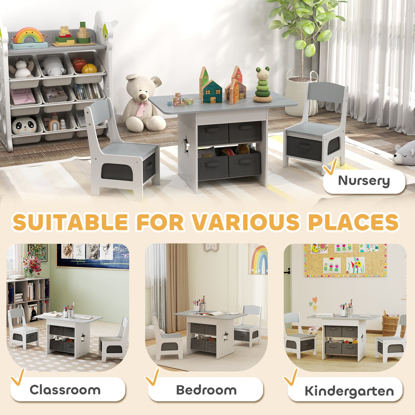 Kids Table and Chair Set, Toddler Table and 2 Chairs Set with 6 Removable Drawers, for Boys Girls Ages 3-8, Light Grey