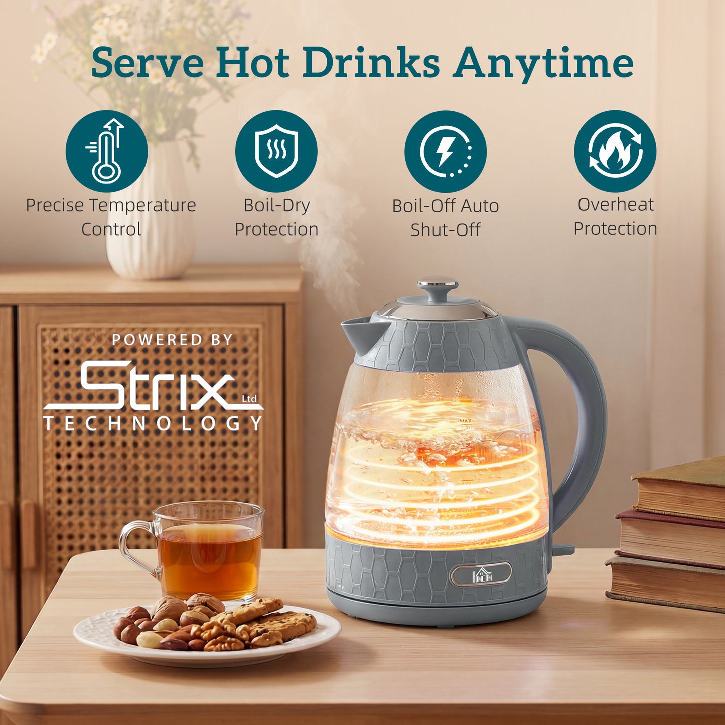 Kettle and Toaster Set, 1.7L 3000W Rapid Kettle with Strix Thermostat, 4 Slice Toaster with 7 Browning Controls, Grey