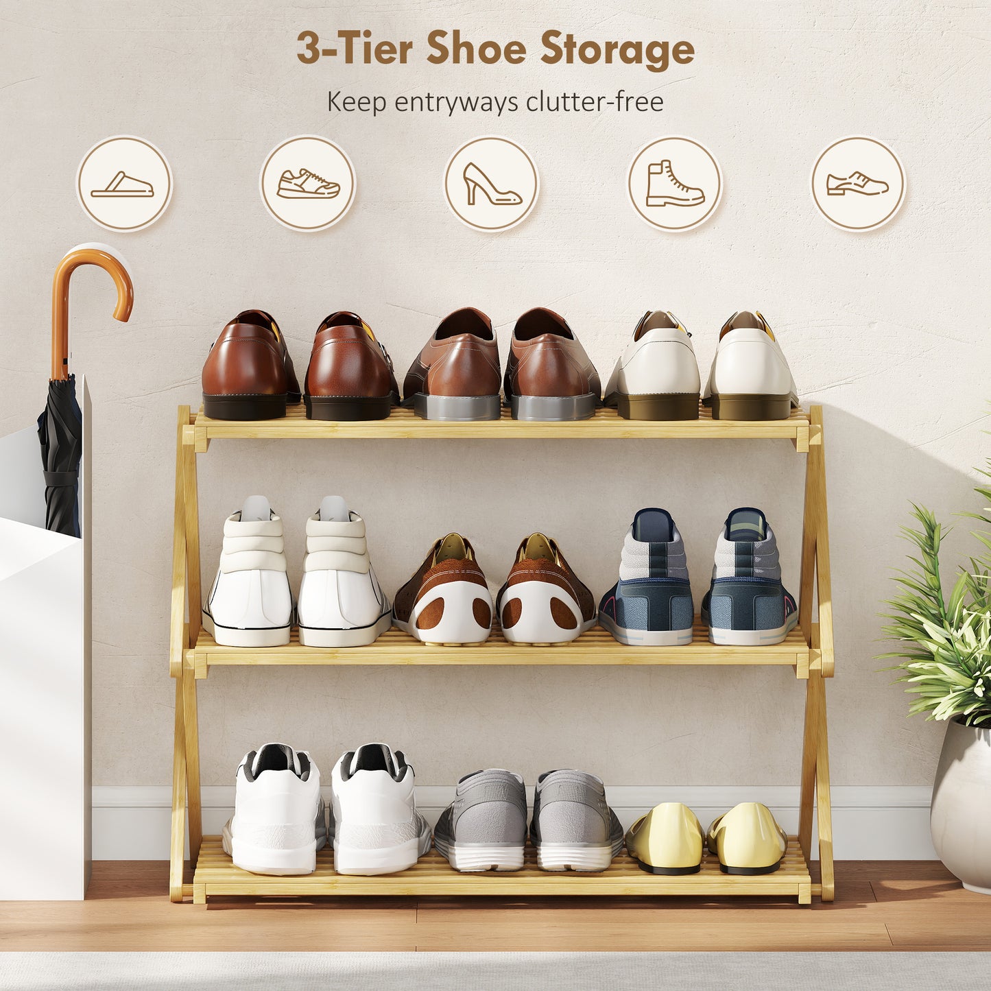 Three-Tier Folding Bamboo Shoe Rack - Natural Finish