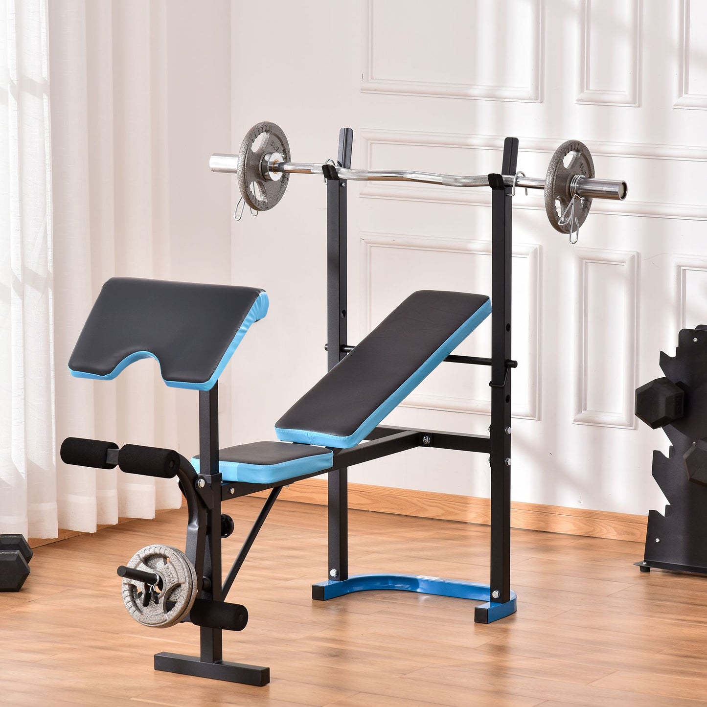 Adjustable Weight Bench with Leg Developer Barbell Rack for Lifting and Strength Training Multifunctional Workout Station for