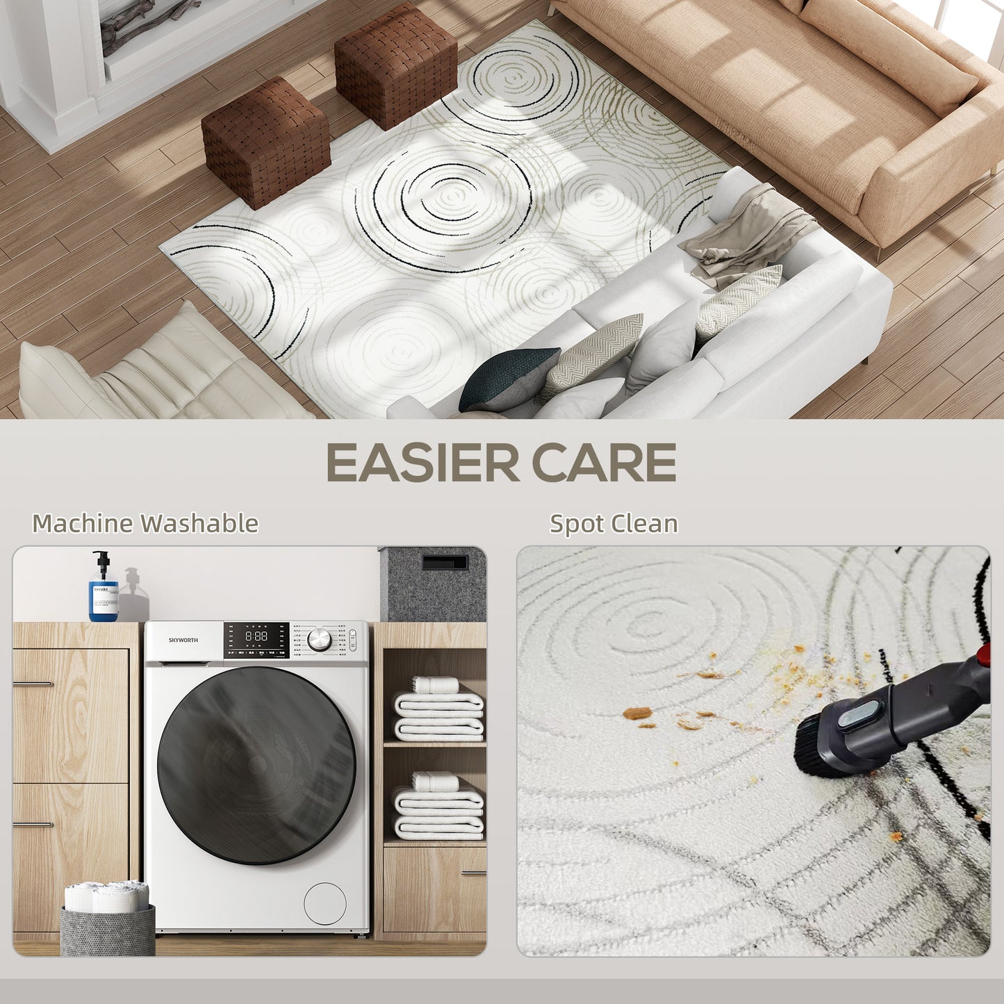 Modern Area Rug, Swirl Pattern Machine Washable Rug, Allergy-Friendly Floor Carpet for Living Room, Bedroom, Dining Room