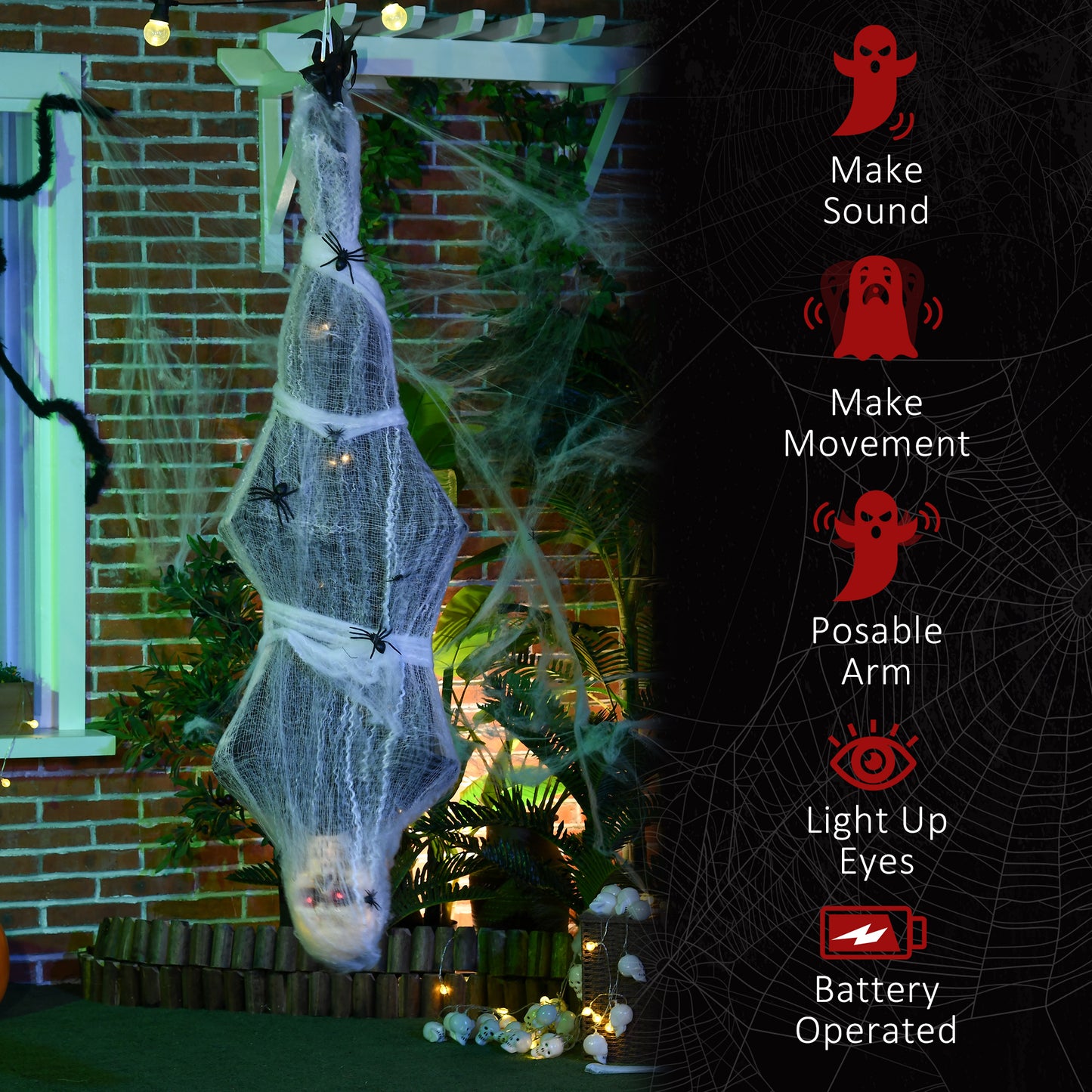 4.7ft Life Size Outdoor Halloween Decoration Hanging Mummy with Spider Web, Animated Prop Decor
