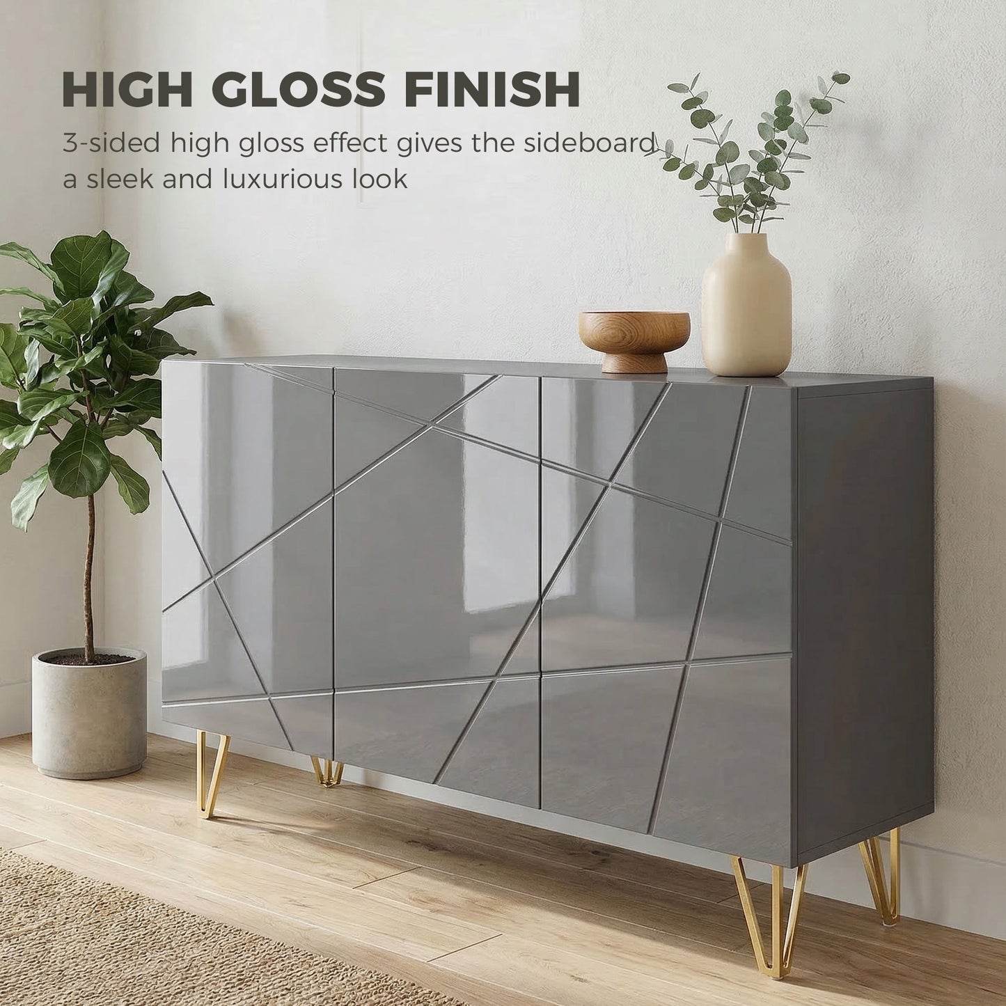 Modern Luxe High Gloss Sideboard, with Hairpin Legs, Grey