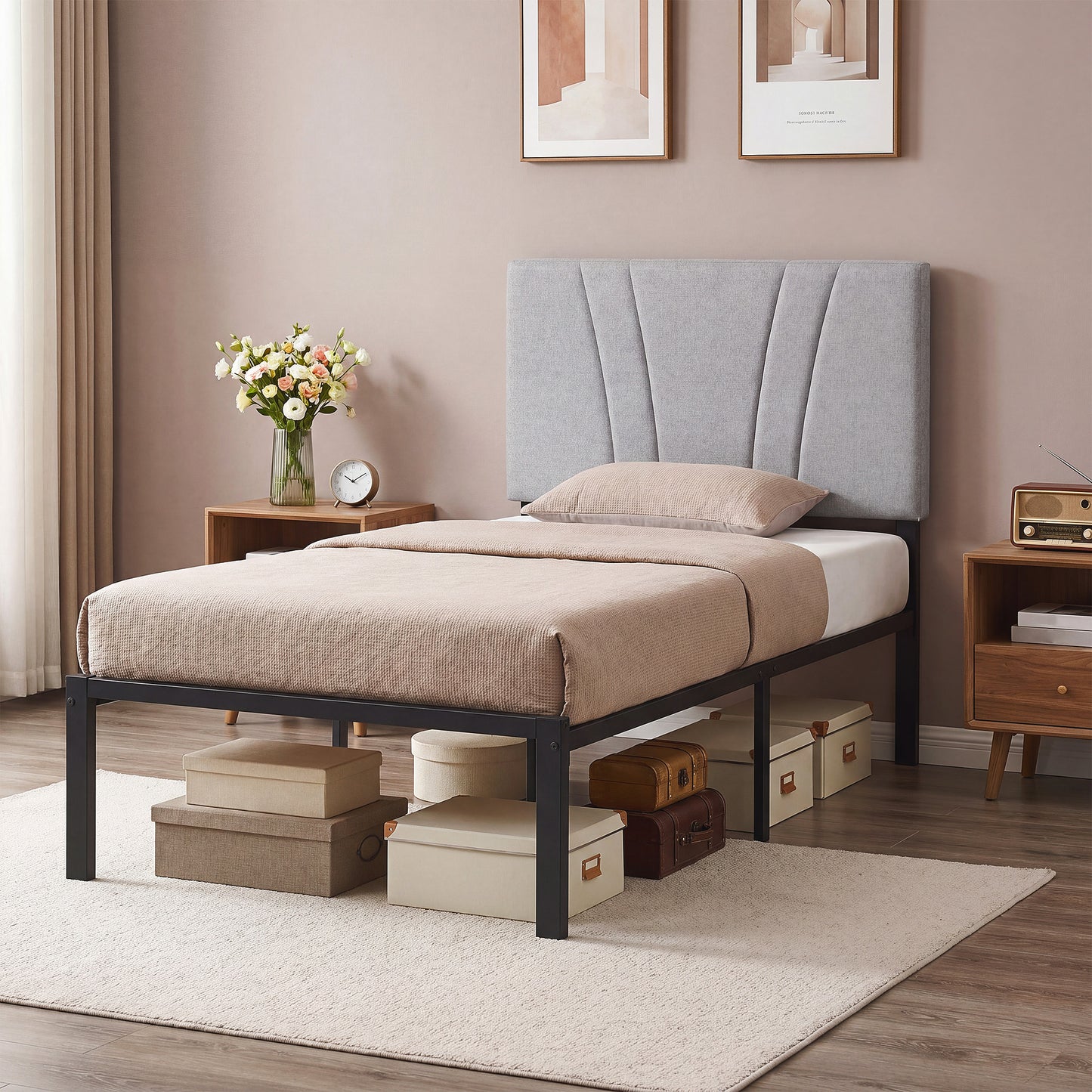 3FT Single Bed Frame with Upholstered Headboard and Underbed Storage, Black and Light Grey